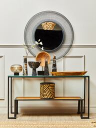 Orsina Roman Console Table, Rectangular Tempered Glass Top on Black Metal Frame, Teak‑Wood Lower Shelf Console - thumbnail 3