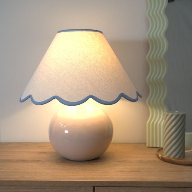 ValueLights Bosco Natural Stone Globe Ceramic Table Lamp with Linen Scalloped Shade & Bulb in Blue - image 1