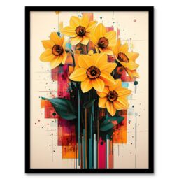 Artery8 Daffodil Bouquet Modern Floral Abstract Painting Framed Art Print in Yellow - Size: A4 - thumbnail 1