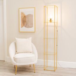 ValueLights Gobie Metal Frame with Glass Storage Shelf Floor Lamp in Gold - thumbnail 1