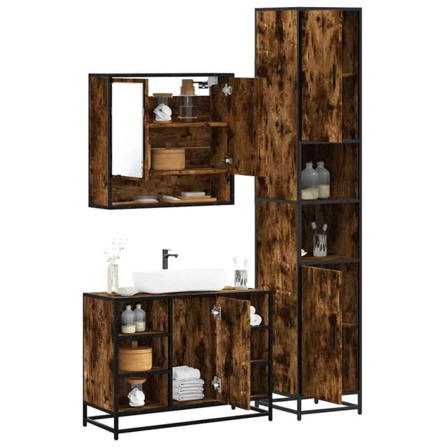 Berkfield Home 3 Piece Bathroom Furniture Set Smoked Oak Engineered Wood in Brown - image 1