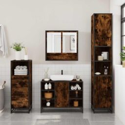 Berkfield Home 3 Piece Bathroom Furniture Set Smoked Oak Engineered Wood in Brown - thumbnail 4