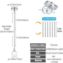 NIVOR 5W LED Globe Rod Teardrop Crystal Pendant Lighting Chrome Warm Light in Metallic Silver - thumbnail 2