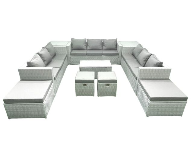 Fimous 10 Pieces Rattan Garden Furniture Set Outdoor Garden Sofa Coffee Table Set with 2 Side Tables 4 Footstools Light Grey Mixed - image 1