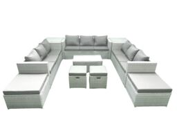 Fimous 10 Pieces Rattan Garden Furniture Set Outdoor Garden Sofa Coffee Table Set with 2 Side Tables 4 Footstools Light Grey Mixed - thumbnail 1