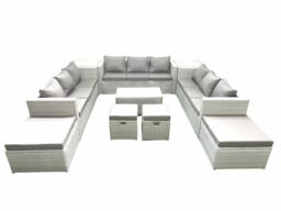 Fimous 10 Pieces Rattan Garden Furniture Set Outdoor Garden Sofa Coffee Table Set with 2 Side Tables 4 Footstools Light Grey Mixed - thumbnail 2