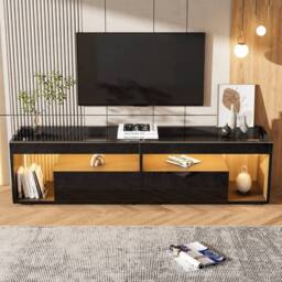 Merax Black High Gloss LED TV Stand for TV up to 80 Inch with Glass Tabletop - thumbnail 1