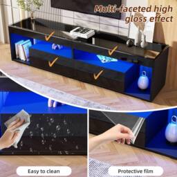 Merax Black High Gloss LED TV Stand for TV up to 80 Inch with Glass Tabletop - thumbnail 4