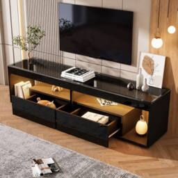 Merax Black High Gloss LED TV Stand for TV up to 80 Inch with Glass Tabletop - thumbnail 2