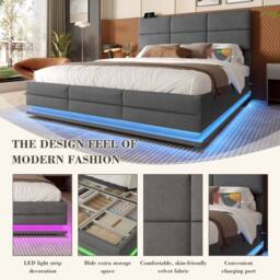 Matteo Velvet Upholstered King Size Bed Frame with Storage & LED Lighting in Dark Grey - thumbnail 5