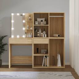 Berkfield Home LED Dressing Table with 2 Cabinets Sonoma Oak Engineered Wood in Light Brown - thumbnail 2