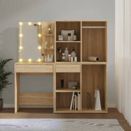 Berkfield Home LED Dressing Table with 2 Cabinets Sonoma Oak Engineered Wood in Light Brown - thumbnail 4