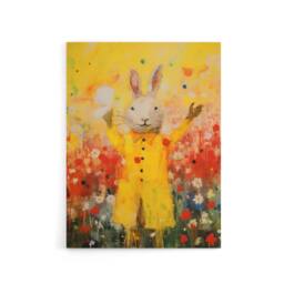 "Artery8 Rabbit Wearing Raincoat in Meadow Canvas Wall Art Print in Yellow - Size: W18"" x H24""" - thumbnail 1