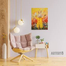 "Artery8 Rabbit Wearing Raincoat in Meadow Canvas Wall Art Print in Yellow - Size: W18"" x H24""" - thumbnail 3