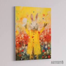 "Artery8 Rabbit Wearing Raincoat in Meadow Canvas Wall Art Print in Yellow - Size: W18"" x H24""" - thumbnail 2