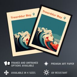 Artery8 Wall Art Print The Seaside Calls Trearddur Bay Beach Anglesey Wales UK Modern Woman of the Waves Sea Siren Ocean Art Framed in Blue - Size: A4 - thumbnail 2