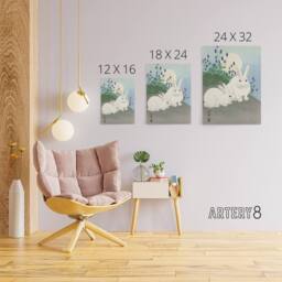 "Artery8 Two Rabbits At Full Moon Canvas Wall Art Print Ohara Koson in Blue - Size: W18"" x H24""" - thumbnail 4