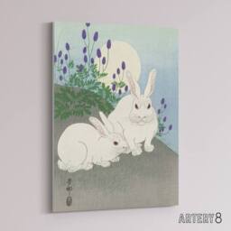 "Artery8 Two Rabbits At Full Moon Canvas Wall Art Print Ohara Koson in Blue - Size: W18"" x H24""" - thumbnail 2