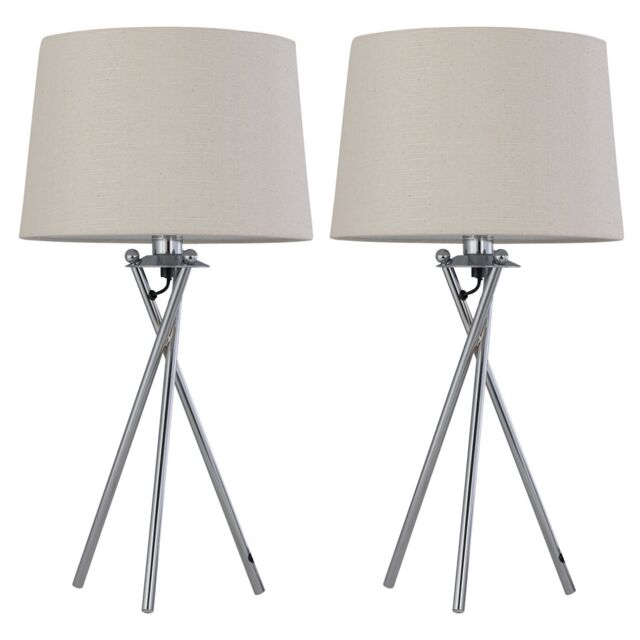 First Choice Lighting Set of 2 Tripod - Chrome Lamps with Natural Linen Shade in Silver - image 1