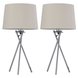 First Choice Lighting Set of 2 Tripod - Chrome Lamps with Natural Linen Shade in Silver
