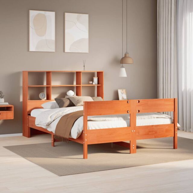 Berkfield Home Bookcase Bed without Mattress Wax Brown 140x190cm Solid Wood Pine - Size: 140x190 cm - image 1
