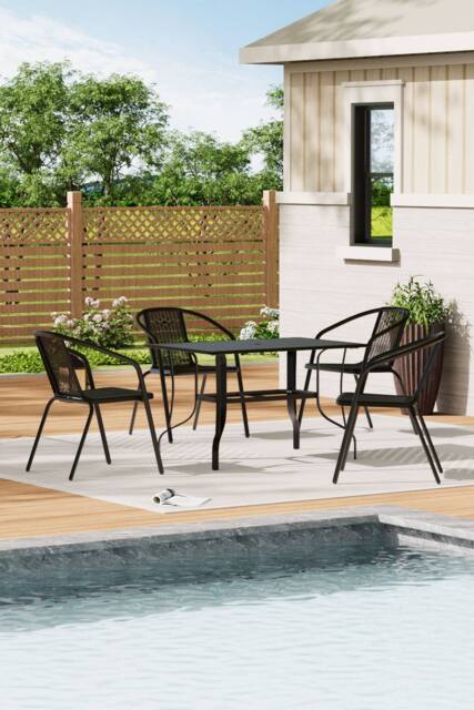 Living and Home Garden Metal Slatted Coffee Table with 4 Rattan Chairs in Black - Size: Medium