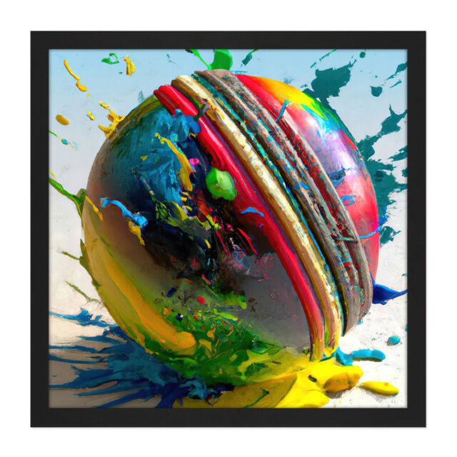 "Artery8 Wall Art Print Cricket Ball Dynamic Paint Splatter Bright Action Painting Square Framed Picture 16X16 Inch in Black - Size: W16"" x H16""" - image 1