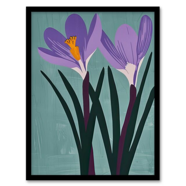 Artery8 Two Purple Crocus Flowers Painting Simple Floral Framed Art Print in Blue - Size: A4 - image 1