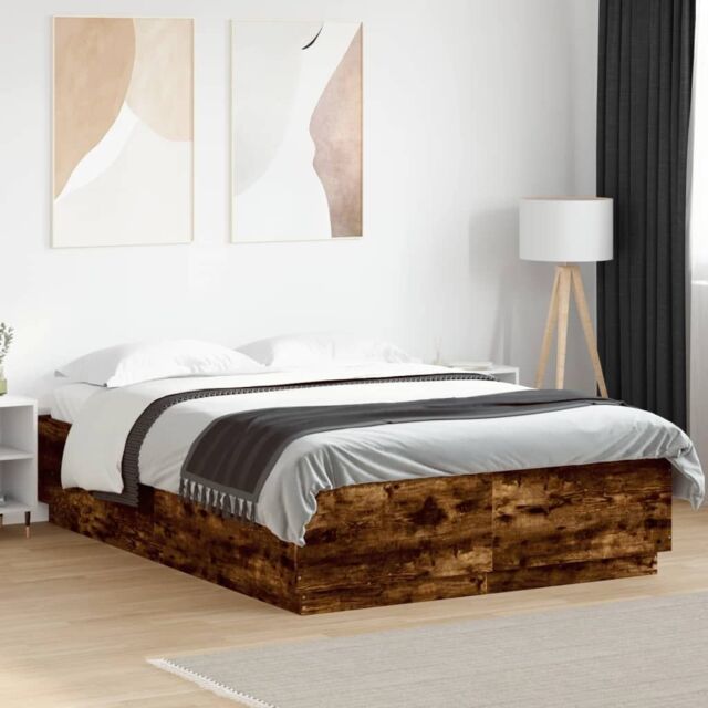 Berkfield Home Bed Frame with LED without Mattress Smoked Oak 140x200 cm in Brown - image 1