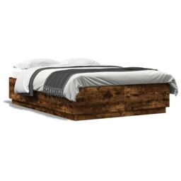 Berkfield Home Bed Frame with LED without Mattress Smoked Oak 140x200 cm in Brown - thumbnail 5