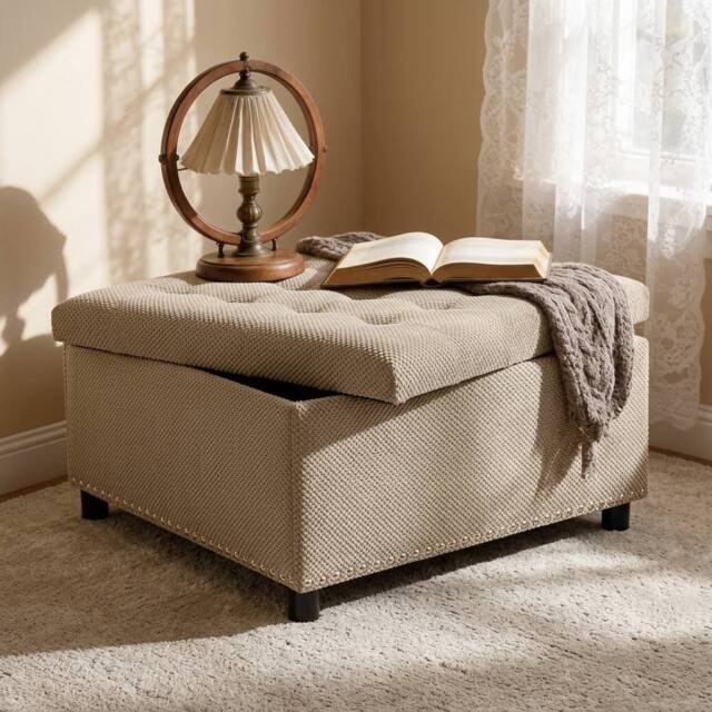 STILVORA Square Storage Ottoman with Hidden Storage, Beige - image 1