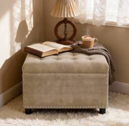 STILVORA Square Storage Ottoman with Hidden Storage, Beige - thumbnail 2