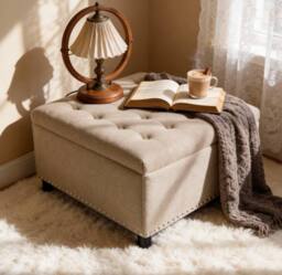 STILVORA Square Storage Ottoman with Hidden Storage, Beige - thumbnail 3