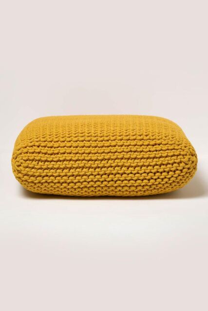 Homescapes Square Cotton Knitted Pouffe Floor Cushion in Yellow - image 1