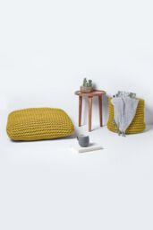 Homescapes Square Cotton Knitted Pouffe Floor Cushion in Yellow - thumbnail 6