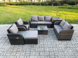 Fimous 8 Seater Garden Furniture Set Rattan Outdoor Lounge Sofa Chair With Tempered Glass Table Big Footstool Side Table Dark Grey Mixed - thumbnail 1