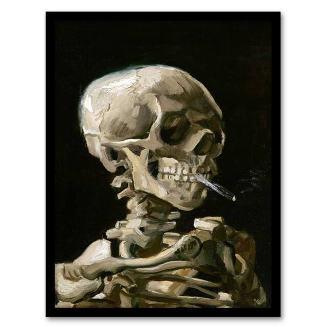 Artery8 Van Gogh Framed Wall Art Head of a Skeleton with a Burning Cigarette in Black - Size: A4 - image 1