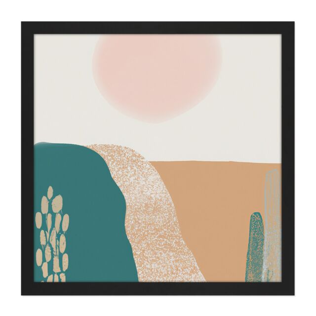 Artery8 Wall Art Print Abstract Landscape Fields Sun Soft Modern Boho Earthy Toned Bohemian Watercolour Painting Square Framed Picture 16X16 Inch - image 1