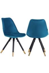 Life Interiors Set of 2 Sofia Ergonomic Modern Dining Chairs Upholstered in Velvet, Metal Legs with Gold End Caps in Blue