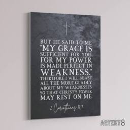 "Artery8 Corinthians 12 9 Christian Bible Quote Canvas Wall Art Print in Grey - Size: W18"" x H24""" - thumbnail 2