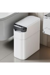 Living and Home Slim Press-type Rubbish Bin Trash Can with Lid Kitchen Bathroom Dustbin in White - thumbnail 3