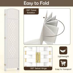 Costway 6 Panel Room Divider Privacy Screen Wall Folding Partition Hand-woven Rattan in White - thumbnail 8