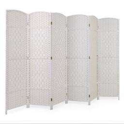 Costway 6 Panel Room Divider Privacy Screen Wall Folding Partition Hand-woven Rattan in White - thumbnail 1