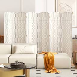 Costway 6 Panel Room Divider Privacy Screen Wall Folding Partition Hand-woven Rattan in White - thumbnail 3