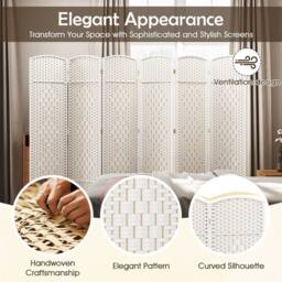 Costway 6 Panel Room Divider Privacy Screen Wall Folding Partition Hand-woven Rattan in White - thumbnail 7