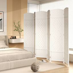 Costway 6 Panel Room Divider Privacy Screen Wall Folding Partition Hand-woven Rattan in White - thumbnail 2