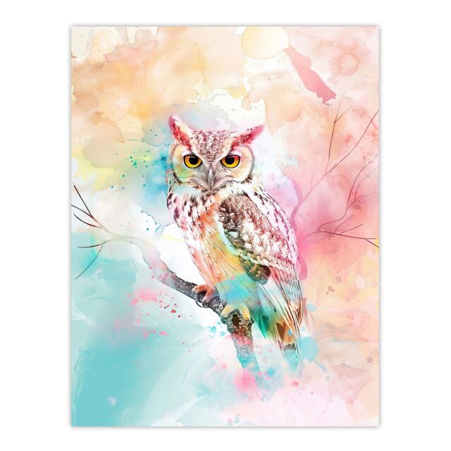 "Artery8 Owl on Branch Portrait Pastel Rainbow Watercolour Wall Art Print - Size: W24"" x H32""" - image 1