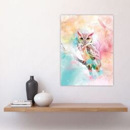 "Artery8 Owl on Branch Portrait Pastel Rainbow Watercolour Wall Art Print - Size: W24"" x H32""" - thumbnail 4