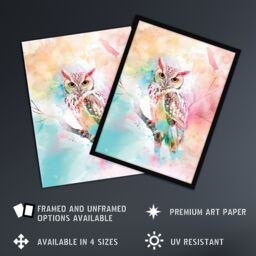 "Artery8 Owl on Branch Portrait Pastel Rainbow Watercolour Wall Art Print - Size: W24"" x H32""" - thumbnail 2