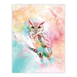"Artery8 Owl on Branch Portrait Pastel Rainbow Watercolour Wall Art Print - Size: W24"" x H32""" - thumbnail 1